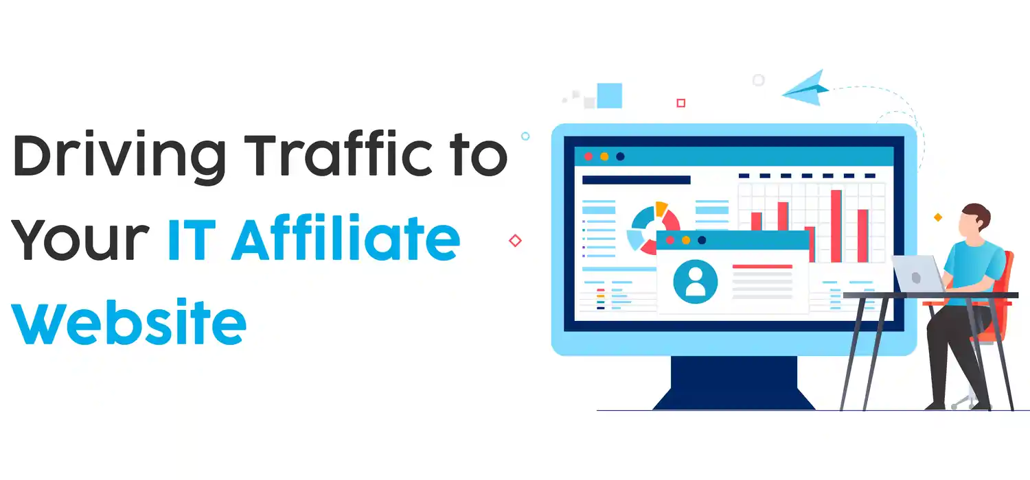 person using a laptop with a large screen displaying graphs and an arrow pointing upwards and illustrating driving traffic to an IT affiliate website