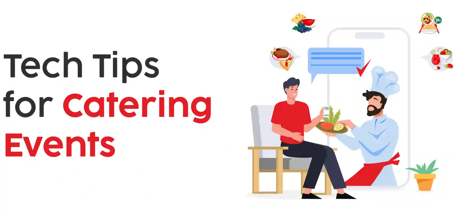 infographic displaying key tech tips for improving catering events, with icons and short descriptions for tools like scheduling apps, inventory tracking, and real-time communication