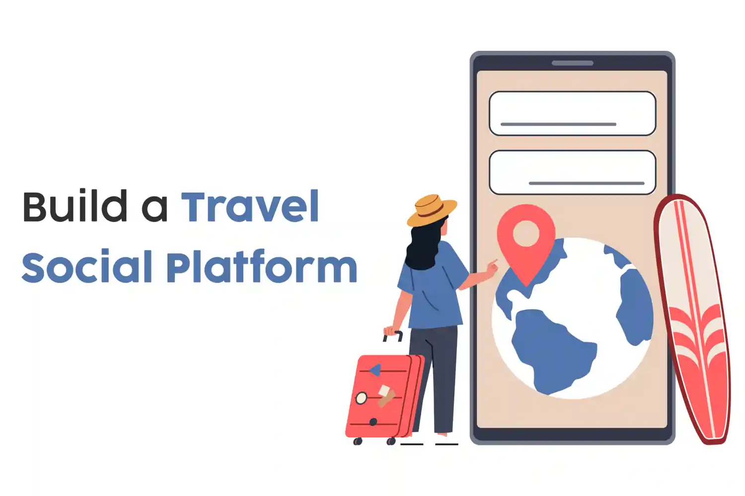 featuring a person with luggage and having big mobile app screen with different locations to travel and understanding why building a social travel platform can help him