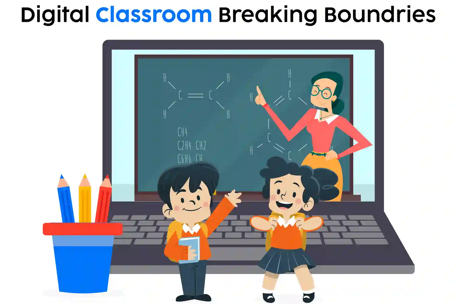 Laptop screen displaying a teacher pointing at a greenboard with chemistry formulas, while two children with school bags stand beside the screen with the text Digital classroom breaking boundaries