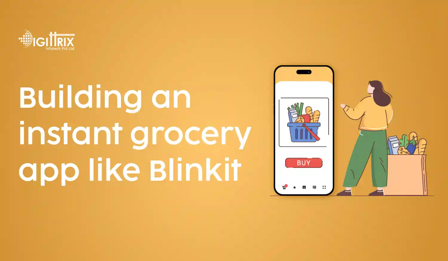 image showing girl standing with grocery bucket to highlight the creation of instant grocery app, inspired by Blinkit, showcasing a user-friendly interface and shopping features