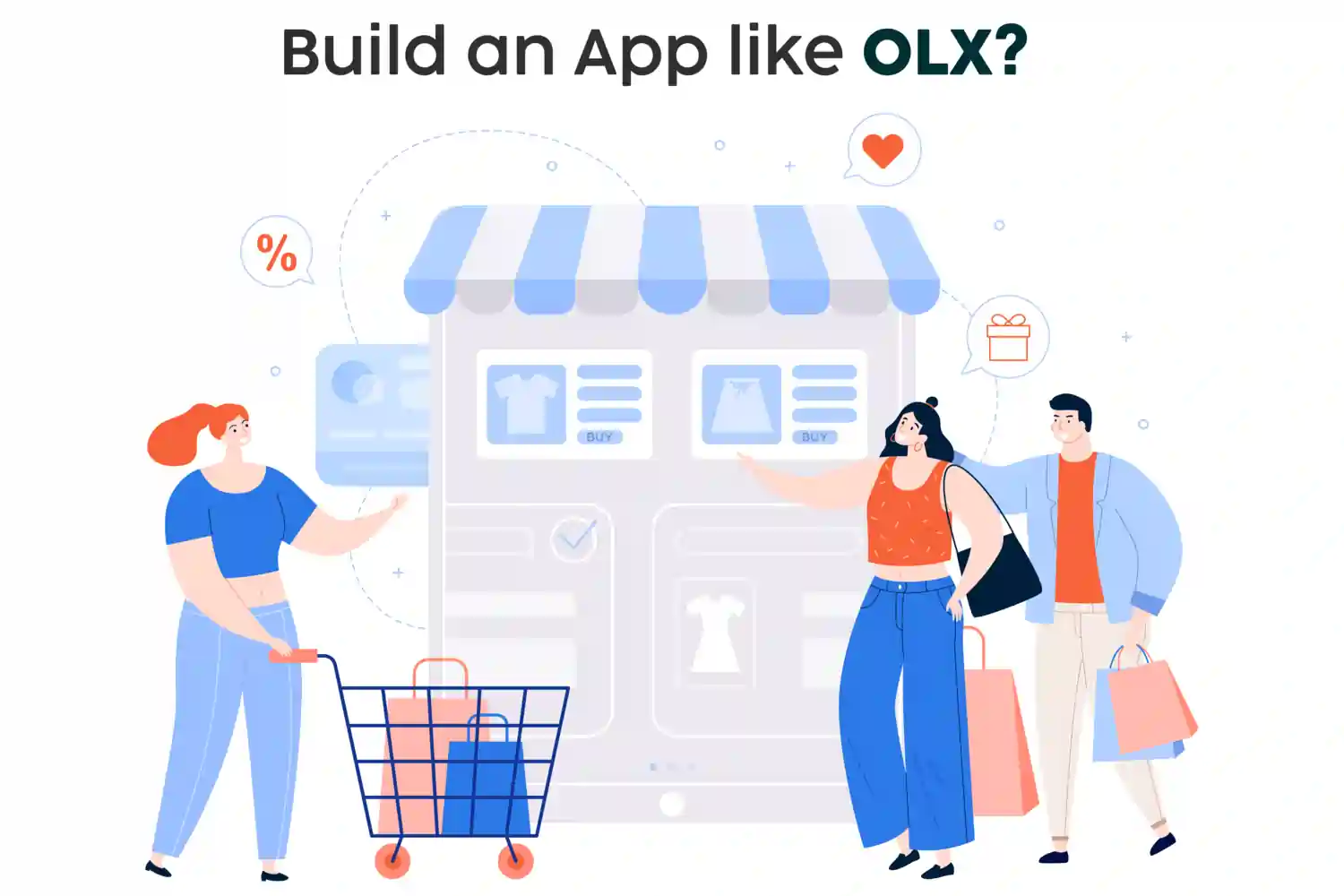 featuring three people engaging with an online marketplace, similar to OLX. One person pushes a shopping cart, while another couple browses items displayed on a large screen resembling a store front.