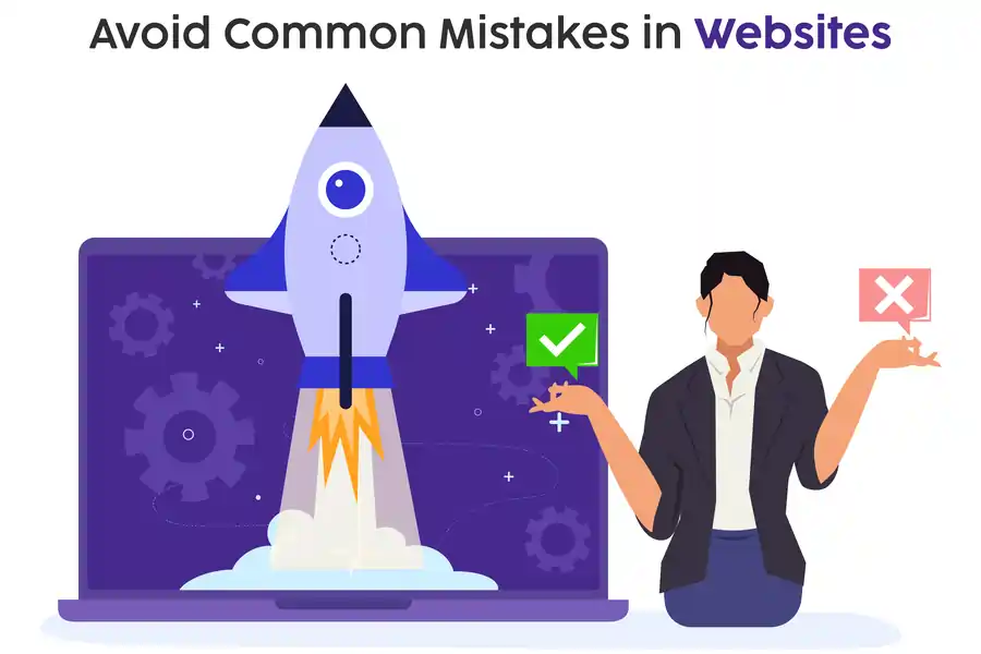 Man balancing check and cross marks with a rocket launching from a laptop, illustrating common website mistakes to avoid