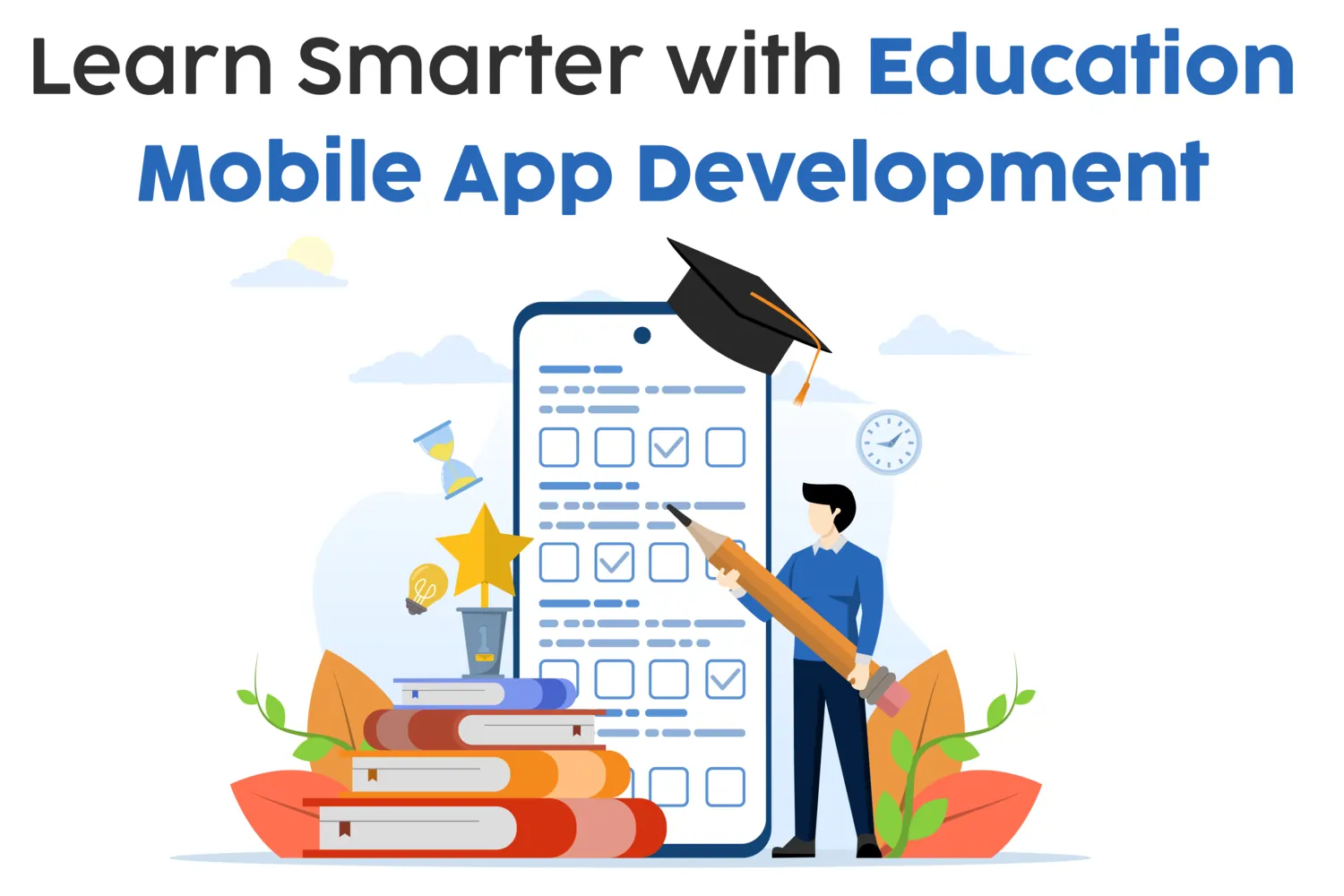 Image showing man with mobile and books to highlight education app development to learn smarter