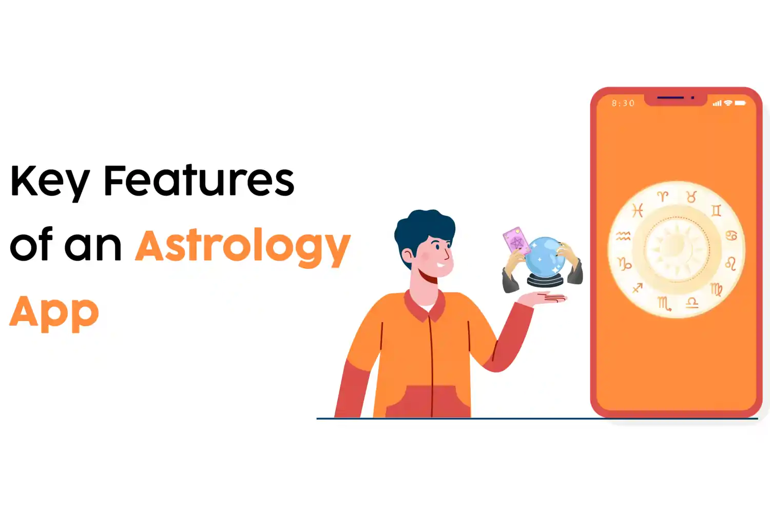 person holding a phone displaying zodiac signs and text labeled Key Features for an astrology app