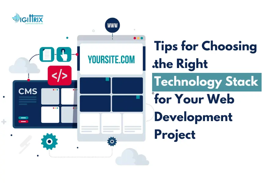 Image of a website layout with icons and text about selecting a technology stack for web development