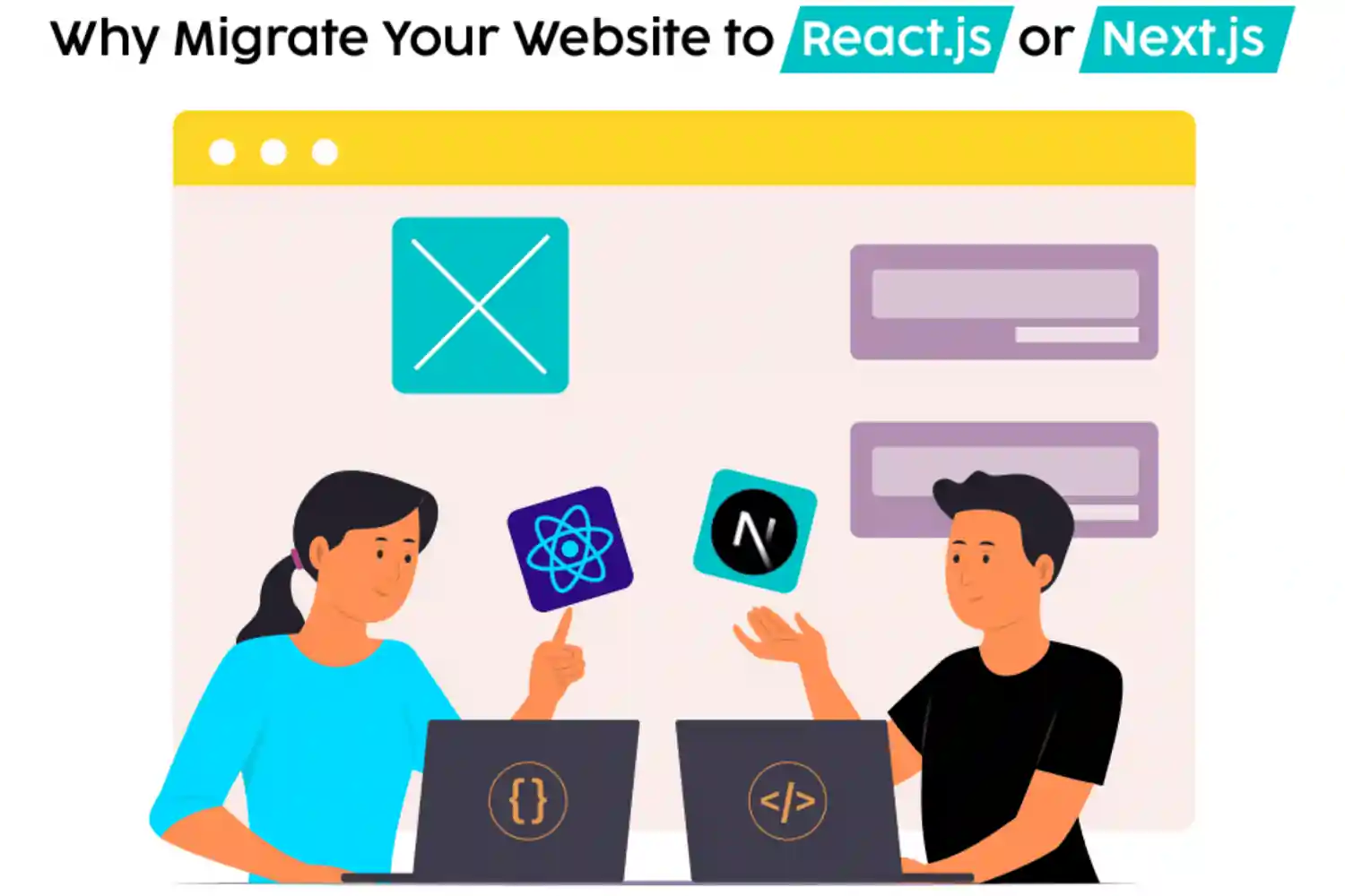 girl and a boy working on laptops, with React.js and Next.js logos in the background, highlighting the question 'Why Migrate Your Website to React.js or Next.js?