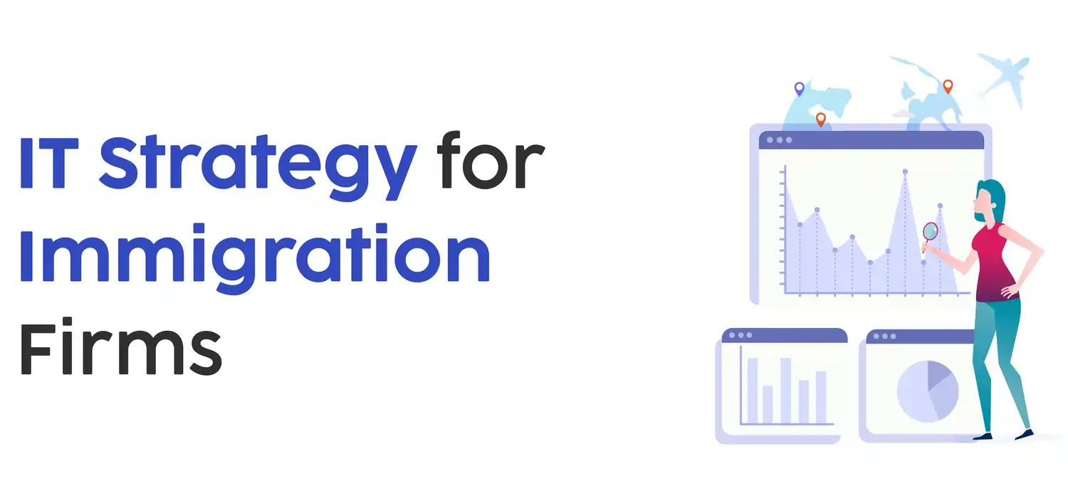 an image showing an IT strategy for immigration firms, with a woman standing beside it, emphasizing improved service delivery and operational effectiveness