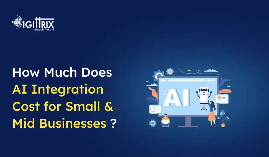 Graphic featuring the question How Much Does AI Integration Cost for Small & Mid Businesses with an image of elements around a computer screen.