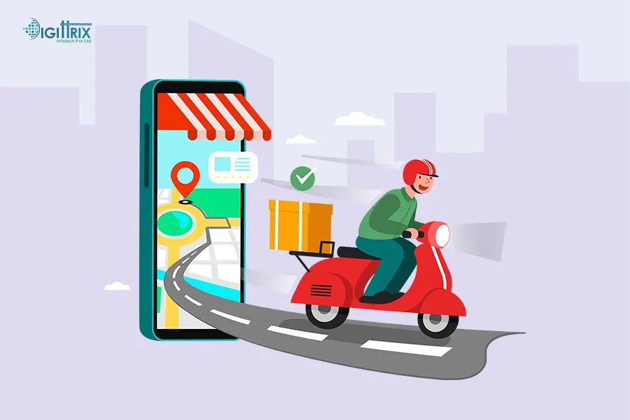 Image showing a phone screen in which a man on a scooter is coming out which highlights the features of the grocery delivery app