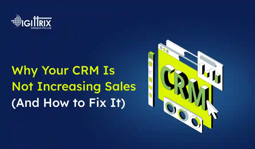 Text on a blue background discusses CRM effectiveness and offers solutions for increasing sales. Image graphic related to CRM.