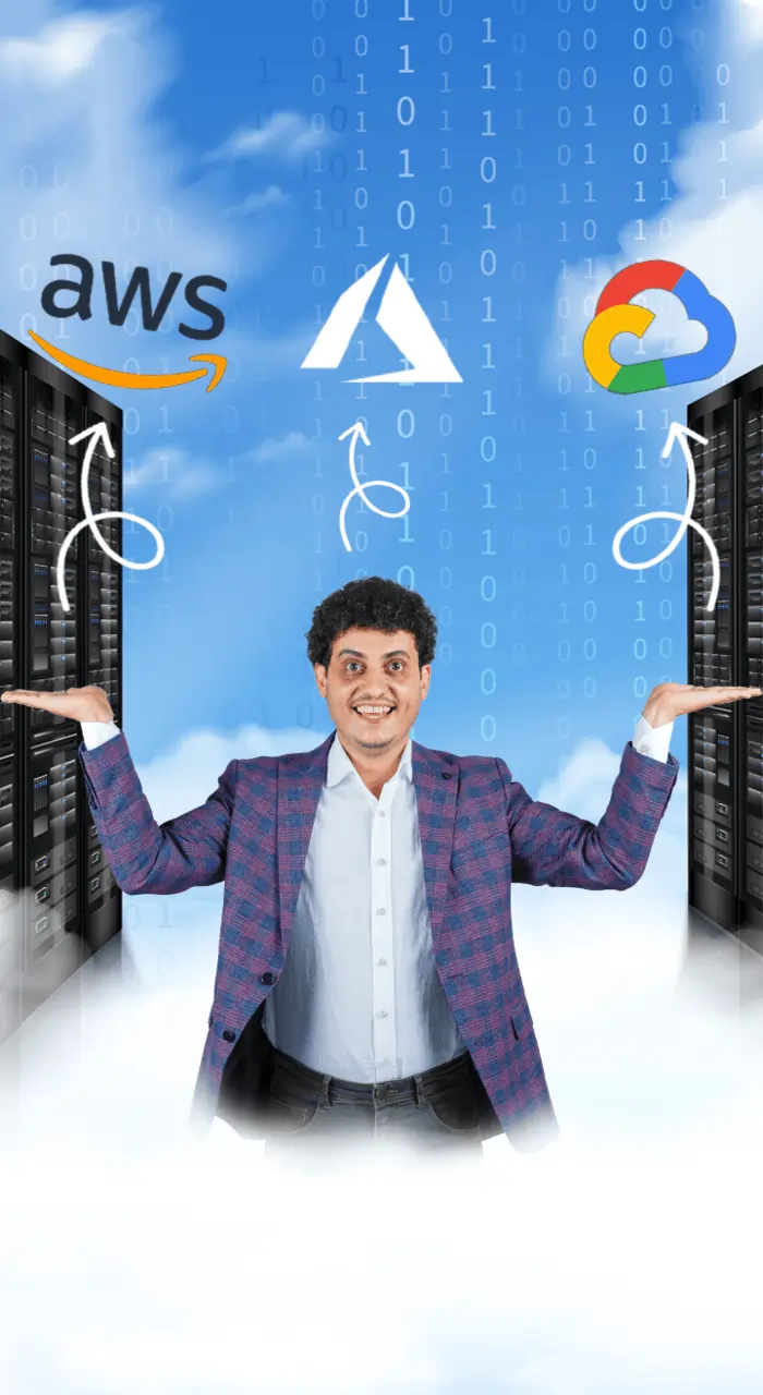 a man in a suit holds three servers, each displaying logos for AWS, Azure, and Google Cloud, symbolizing cloud service options.