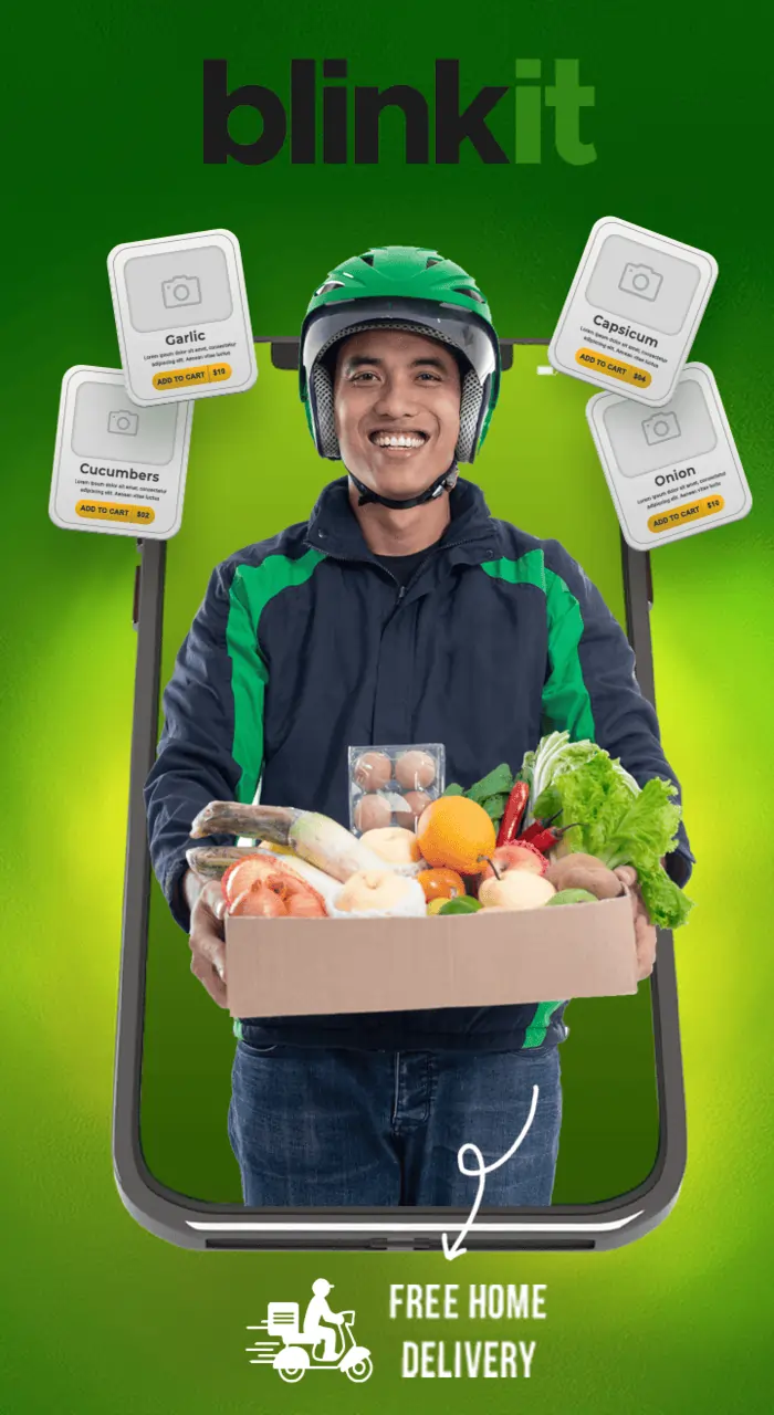 In a image a man is shown delivering grocery with blinkit logo and highlighting what its so popular