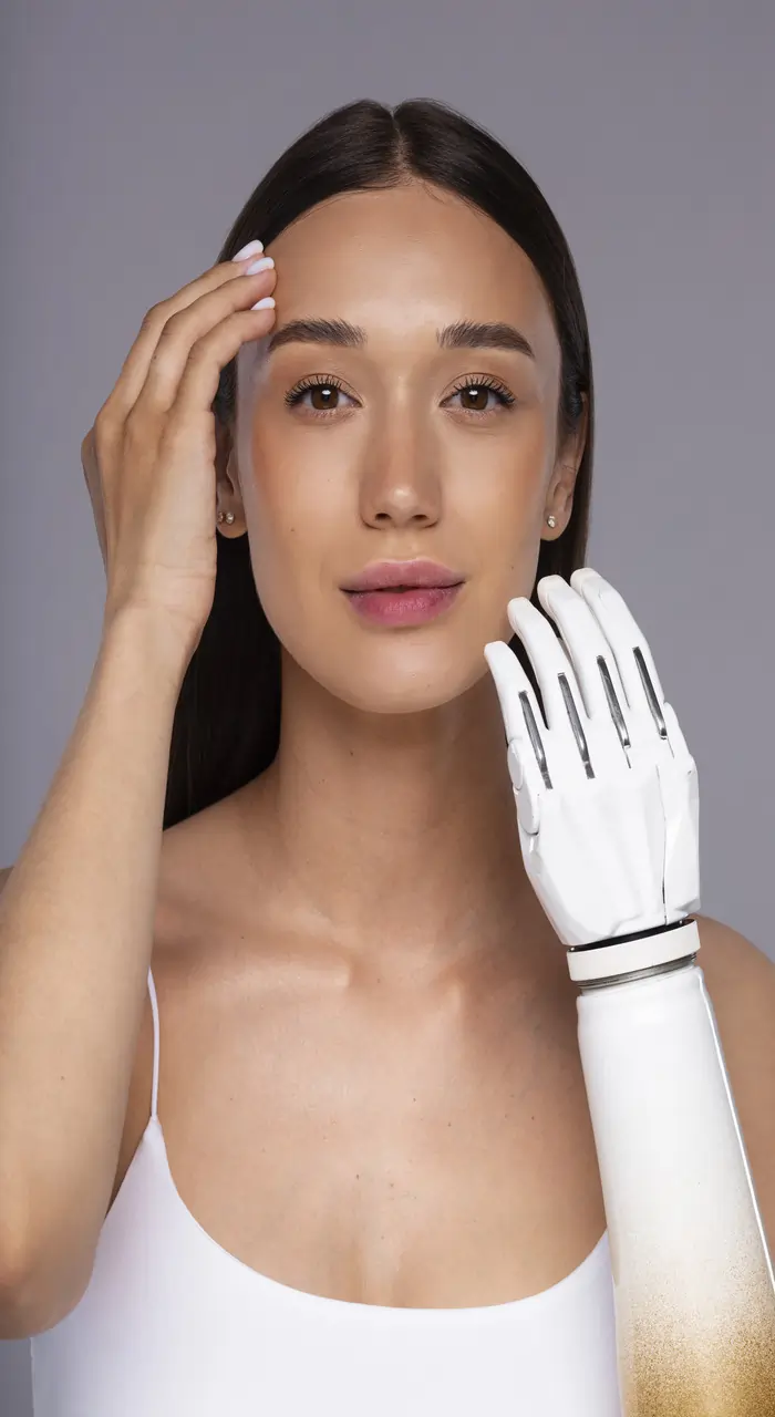 a women and an AI robot hand is there in a image highlighting how can AI prevent discrimination