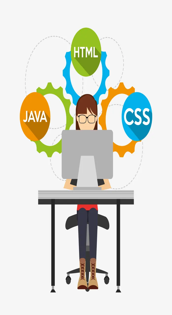 in a image a woman is sitting with laptop and above her head there is sign of programming language codes