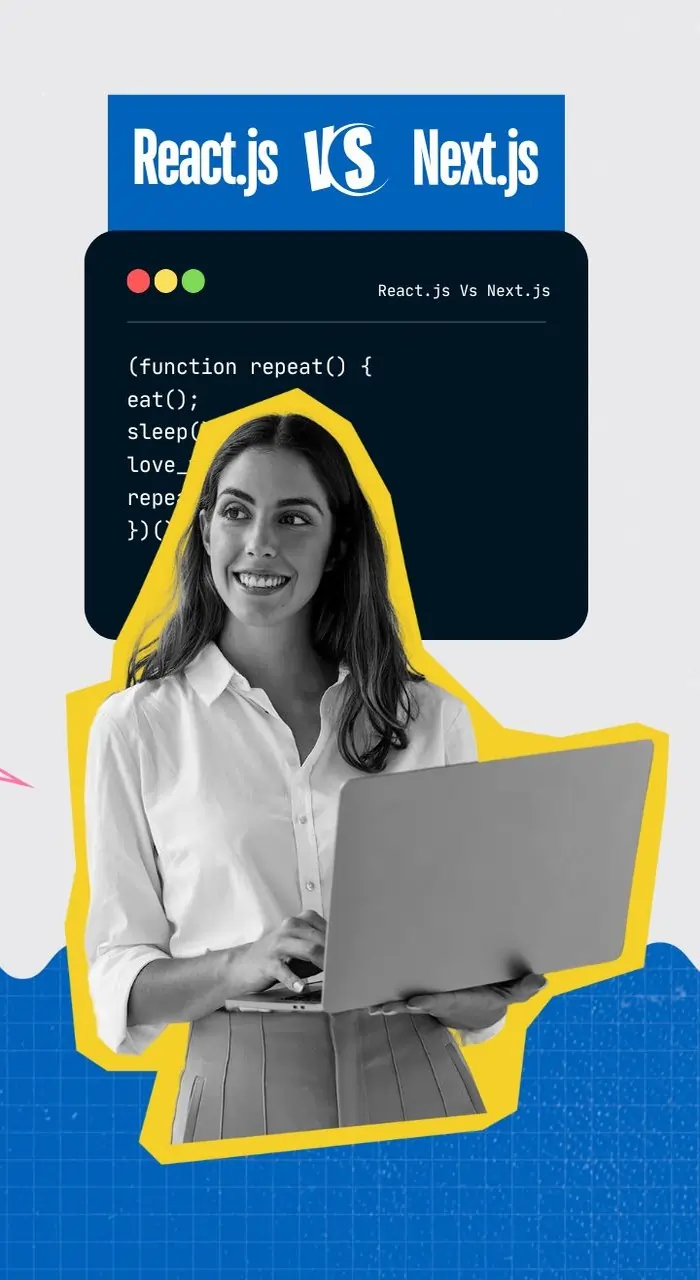 Image showing a woman holding a laptop with react js and next js codes highlight the difference and similarities between them