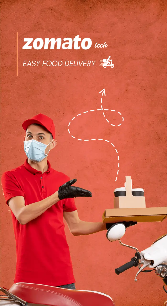 Image showing a man in a mask and red shirt holding a box, symbolizing Zomato's innovative food delivery technology