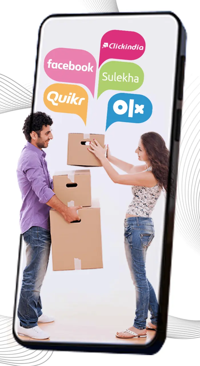 mobile app interface displaying two individuals with boxes, featuring top Indian classified apps Quikr, OLX, Clicklinda