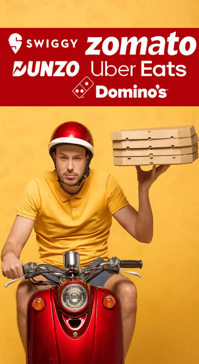 A man on a scooter carries a stack of pizza boxes, showcasing popular food delivery apps like Swiggy, Zomato, and Domino's for fast and easy delivery