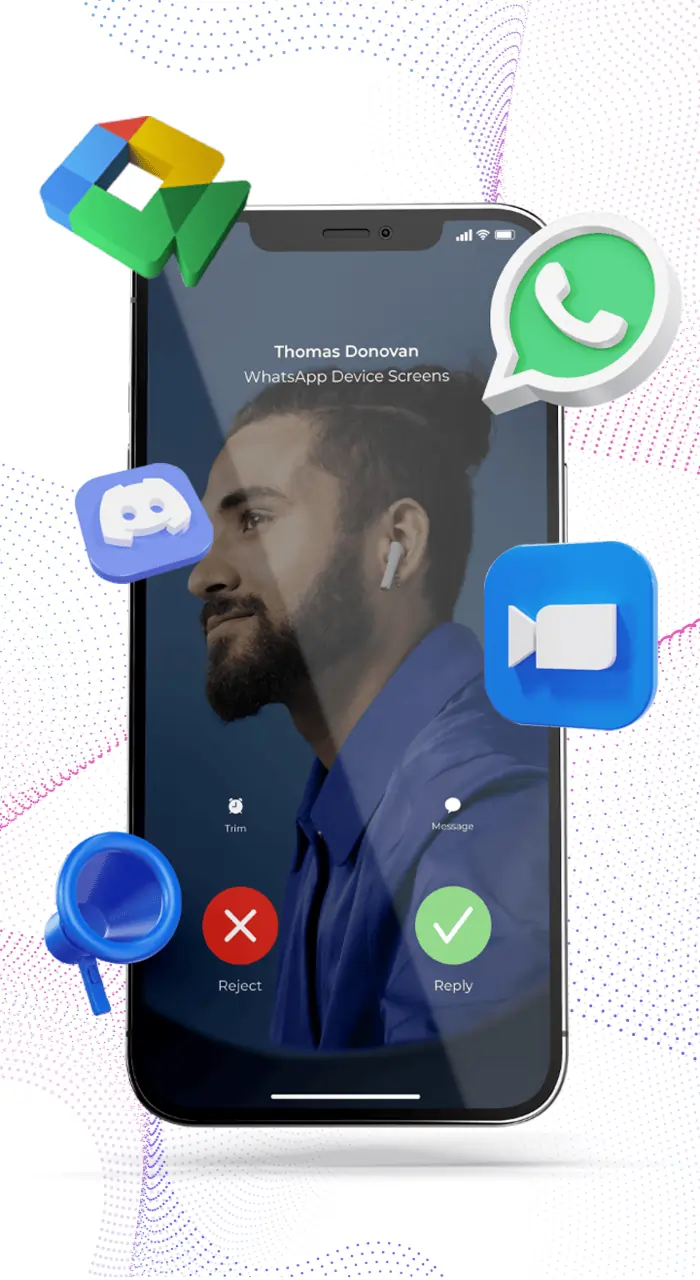 A mobile phone displays a bearded man on a video call, surrounded by icons of five popular video calling apps that use WebRTC technology