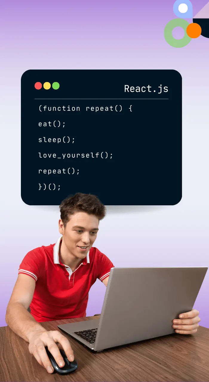 Image showing a man sitting with laptop and above his lead react js code is shown to highlight why you should choose react js for your next project