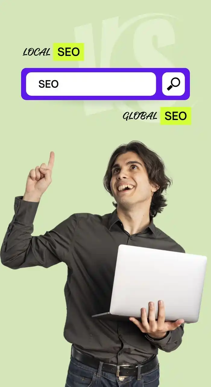 Image showing a man and above his head search bar is shown to highlight local and global seo