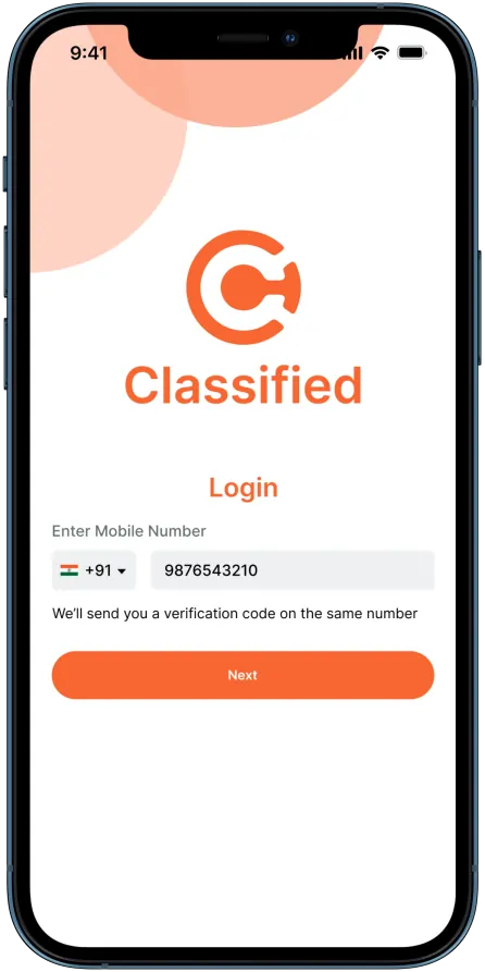 classified app development login and signup Screen