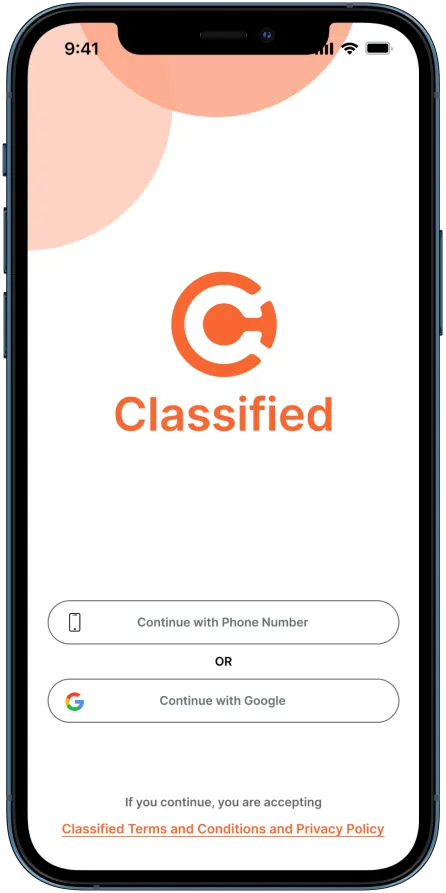 classified app development welcome Screen