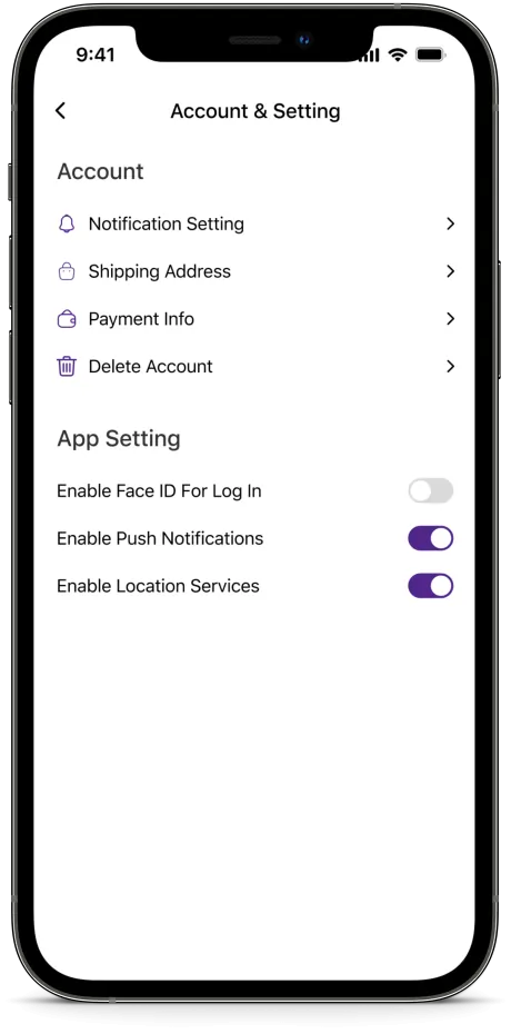 Ecommerce App Development Account Setting screen Design