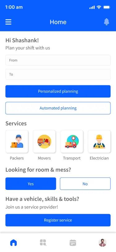 Movers and Packers App Development home screen