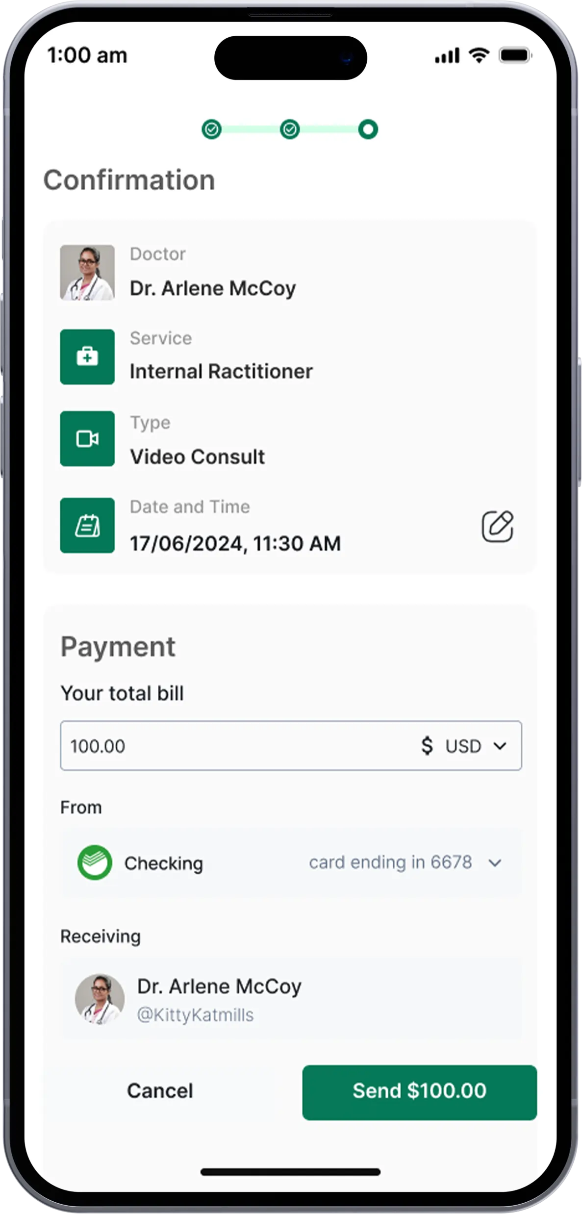 telemedicine mobile app booking conformation screen