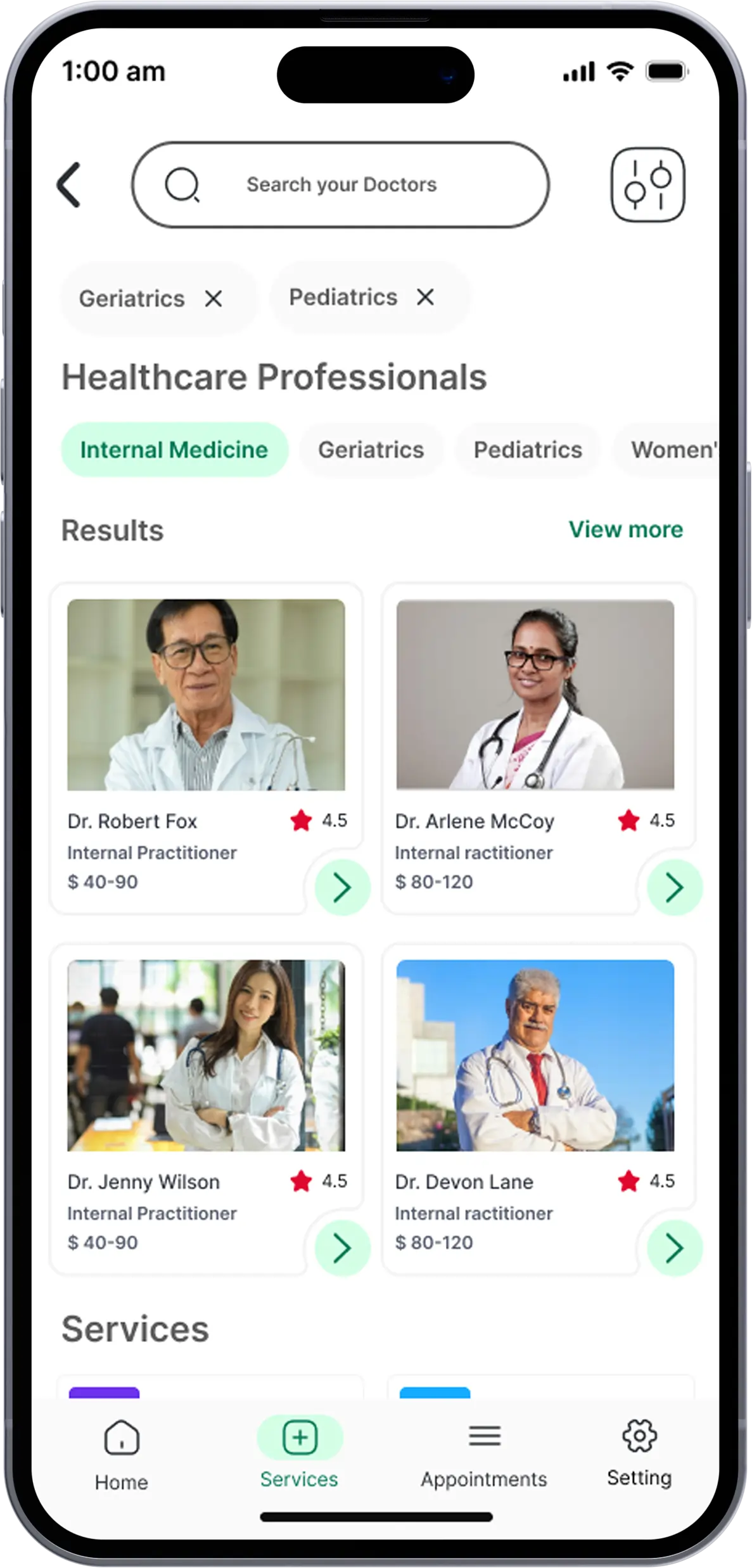 telemedicine mobile app doctor list screen