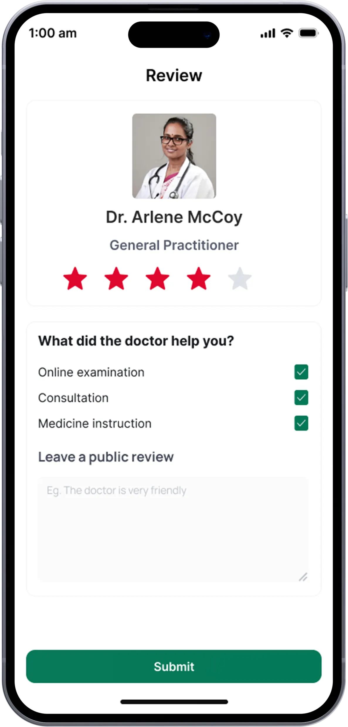 telemedicine mobile app doctor rating screen