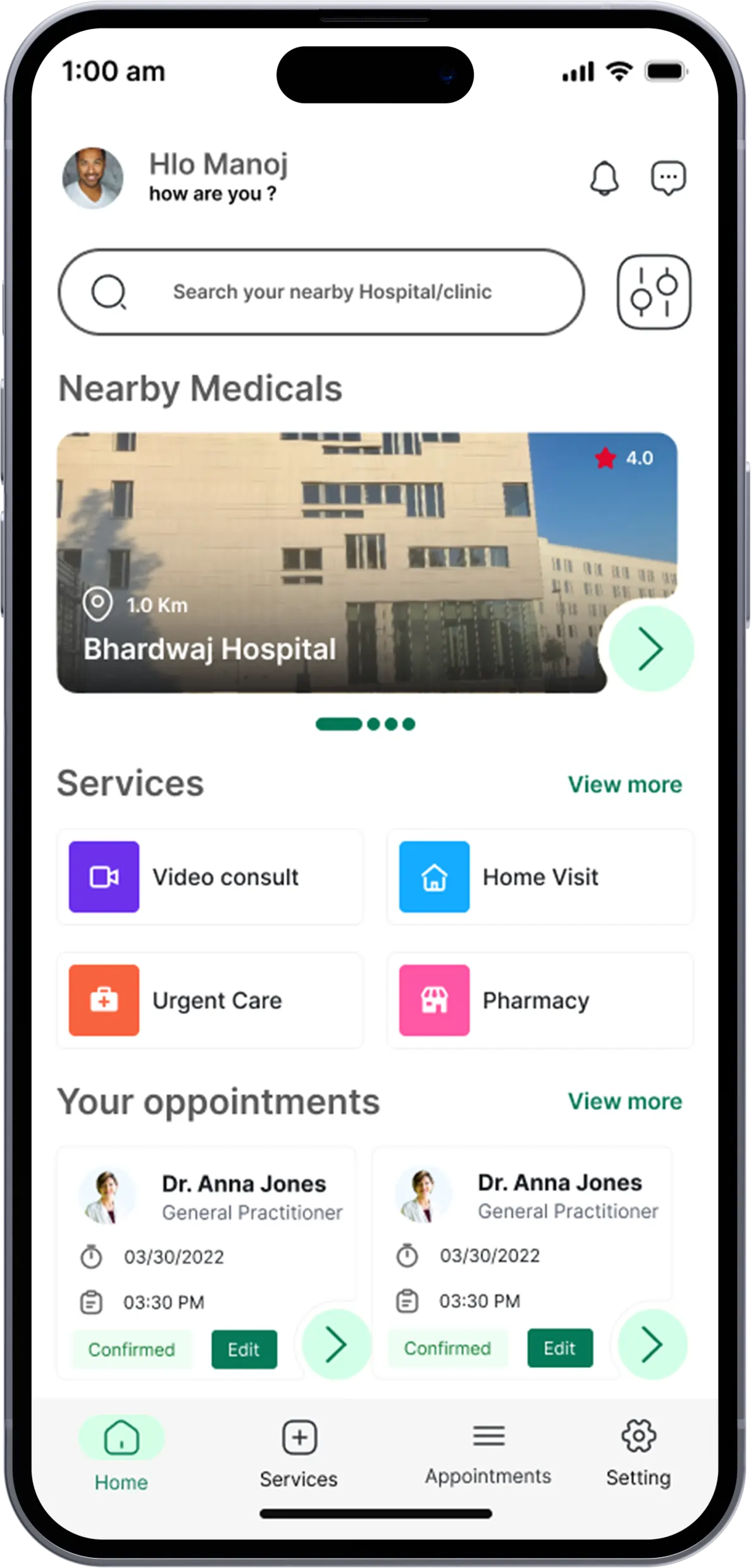 telemedicine mobile app home screen