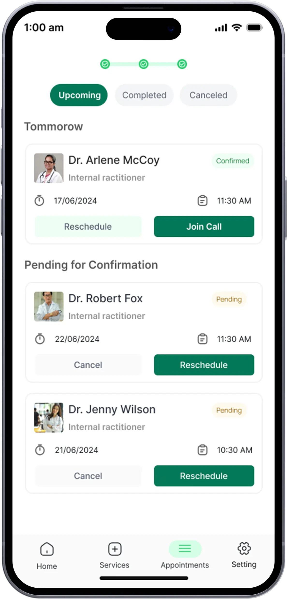 telemedicine mobile app my bookings screen