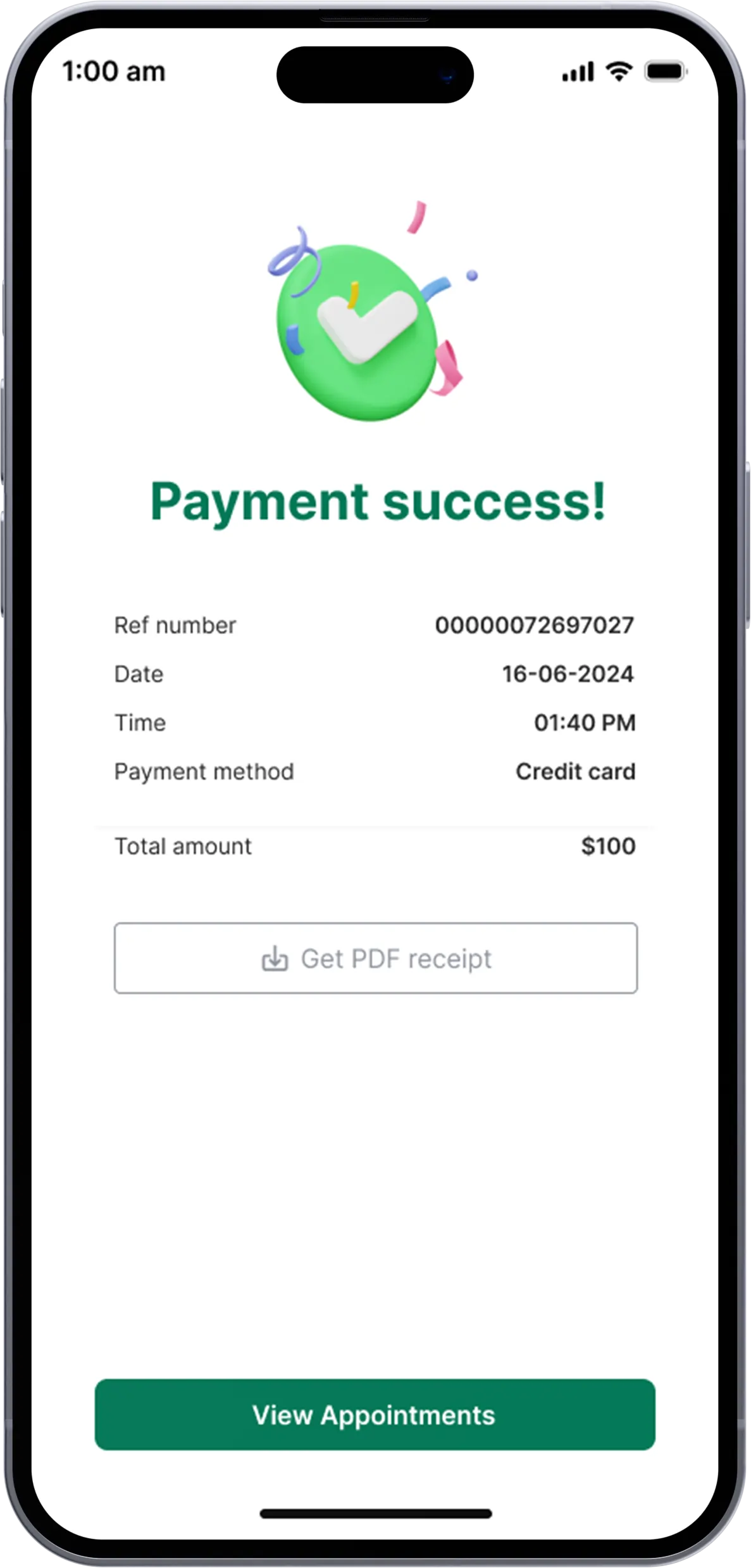 telemedicine mobile app payment success screen