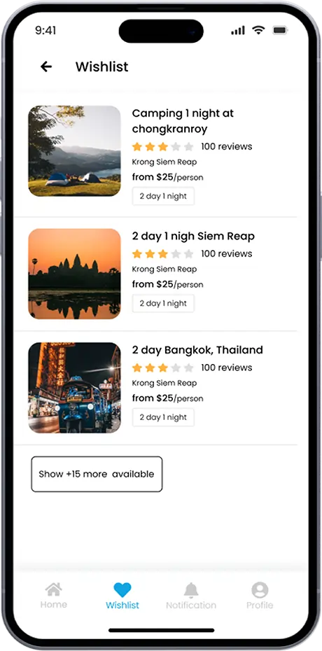 travel app wishlist page